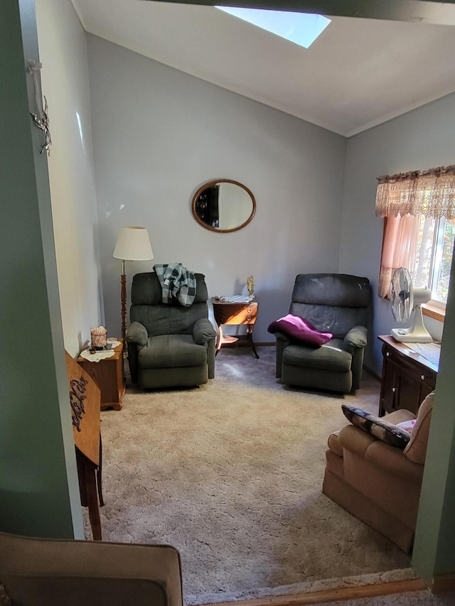 living room featuring carpet floors and a skylight