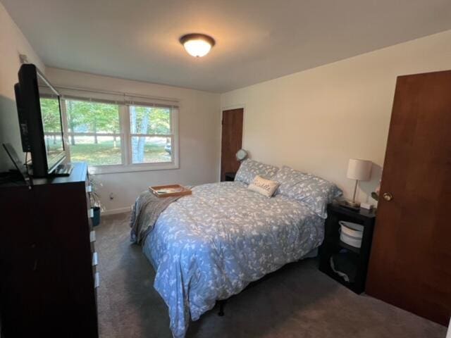 bedroom with dark colored carpet