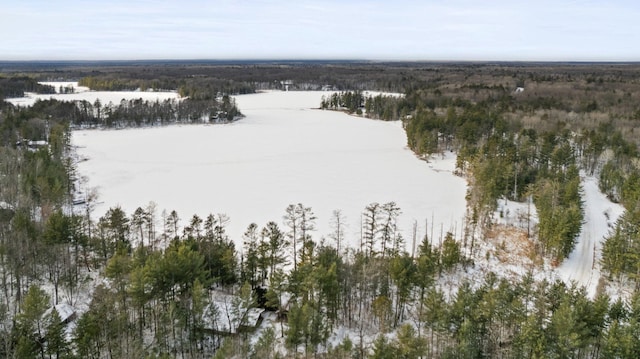 snowy aerial view featuring a forest view