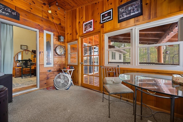 office featuring carpet flooring, plenty of natural light, and wood walls