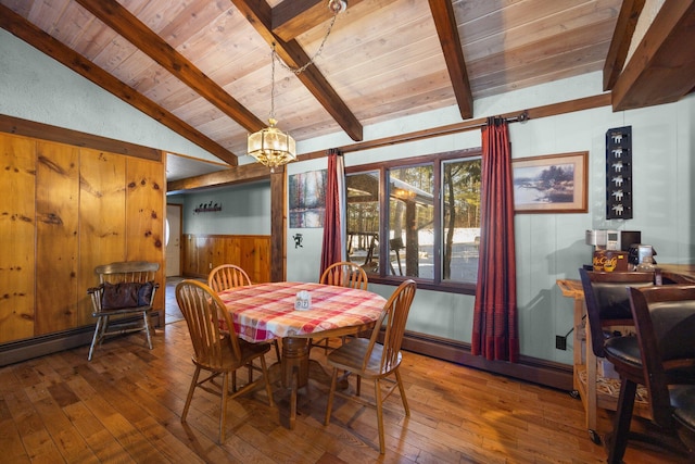 dining space with a baseboard heating unit, lofted ceiling with beams, wooden ceiling, and wood-type flooring