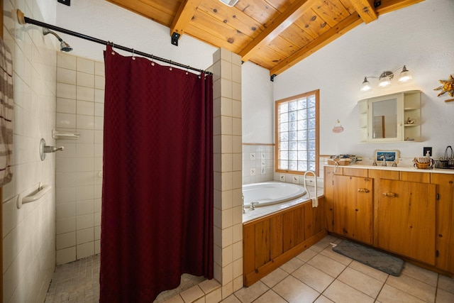 bathroom with curtained shower, wood ceiling, lofted ceiling with beams, a bath, and tile patterned floors