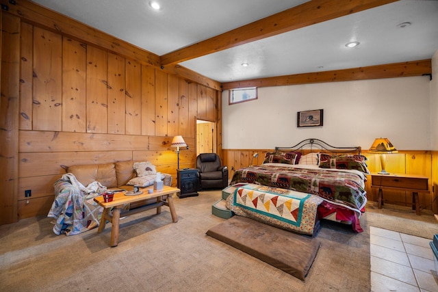 bedroom with beam ceiling, wooden walls, recessed lighting, and a wainscoted wall