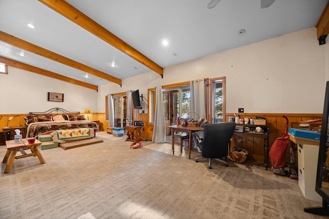 carpeted bedroom featuring recessed lighting, a wainscoted wall, wood walls, and access to outside