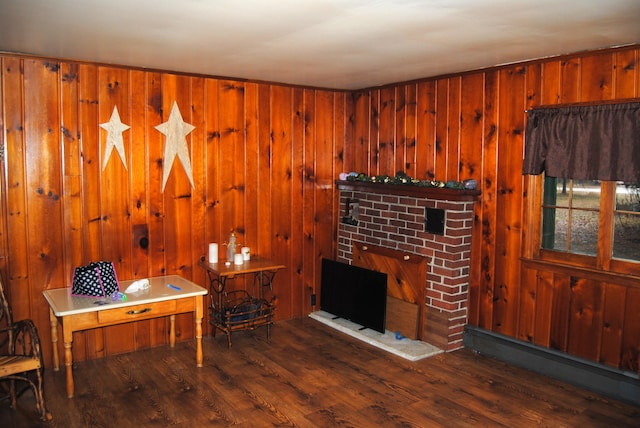 interior space featuring wood walls, a fireplace, and wood finished floors