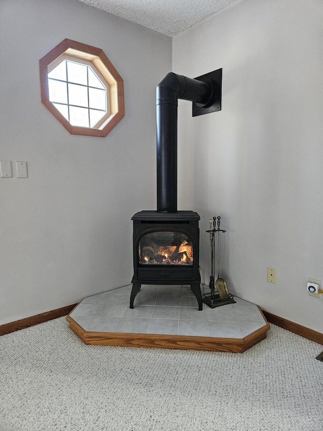 details featuring carpet flooring, baseboards, a textured ceiling, and a wood stove