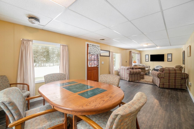 dining room featuring dark wood finished floors and a paneled ceiling