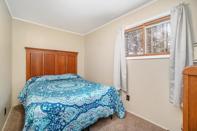 bedroom with crown molding and carpet