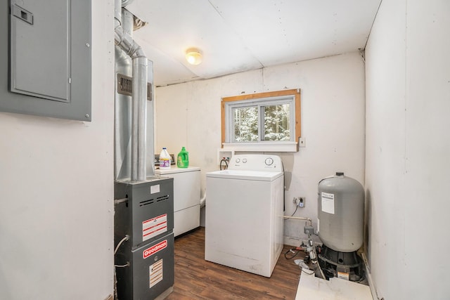 laundry room with electric panel, laundry area, washer hookup, and dark wood-style flooring