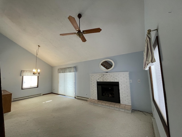 unfurnished living room with a brick fireplace, a ceiling fan, baseboard heating, and light carpet