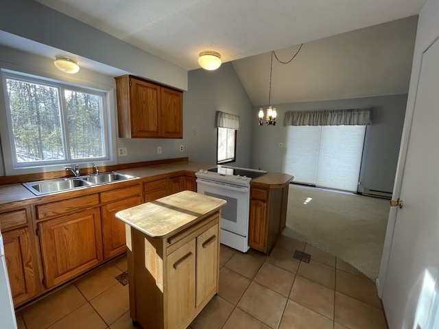 kitchen with white range with electric cooktop, lofted ceiling, a peninsula, a sink, and baseboard heating