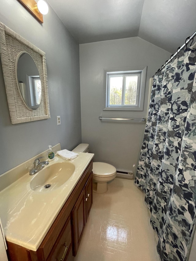 bathroom featuring toilet, curtained shower, baseboard heating, vanity, and vaulted ceiling