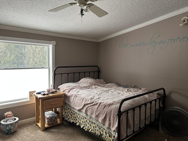 bedroom with multiple windows, carpet floors, and ornamental molding