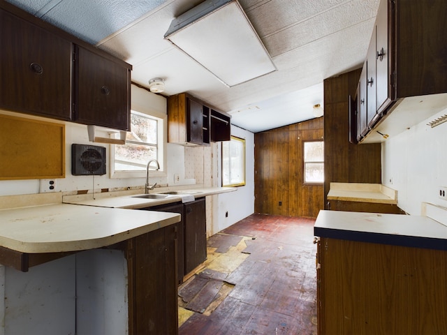 kitchen with plenty of natural light, wood walls, a peninsula, and vaulted ceiling