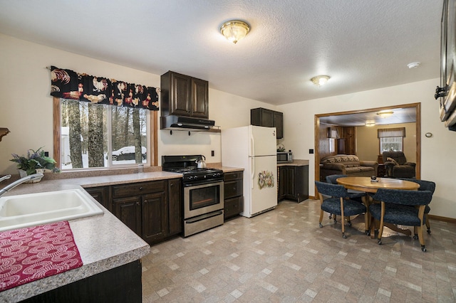 kitchen featuring dark brown cabinets, under cabinet range hood, light countertops, stainless steel appliances, and a sink