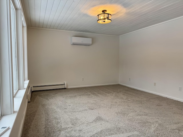 spare room featuring baseboards, a wall mounted air conditioner, crown molding, carpet flooring, and wooden ceiling