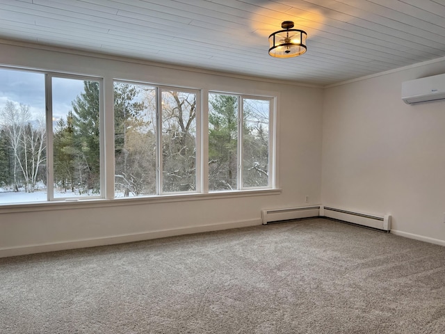 carpeted empty room with a healthy amount of sunlight, a wall mounted air conditioner, a baseboard heating unit, and ornamental molding