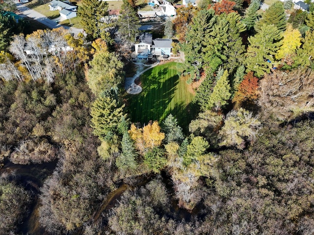 drone / aerial view with a wooded view