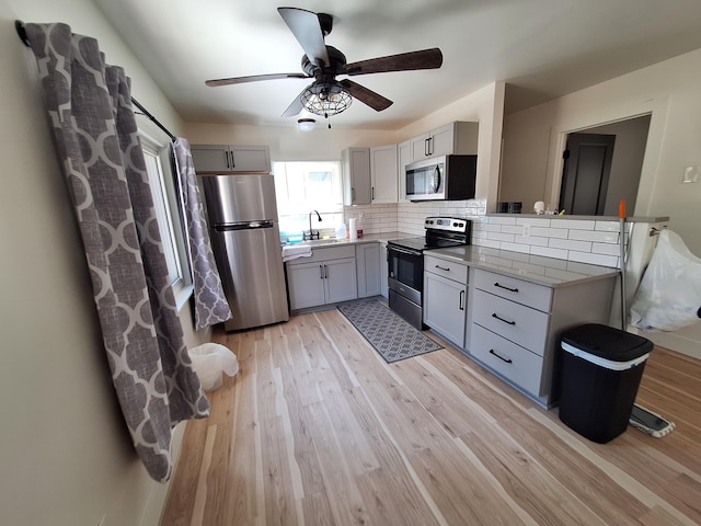kitchen featuring stainless steel appliances, gray cabinetry, a sink, light wood-style floors, and a peninsula