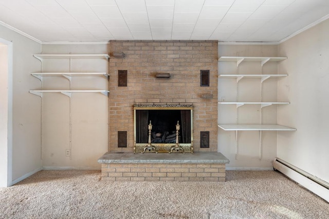 unfurnished living room with carpet, baseboards, ornamental molding, a brick fireplace, and baseboard heating