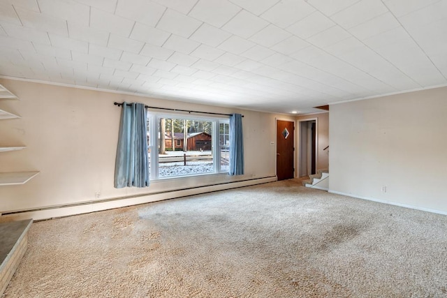 carpeted empty room featuring stairway, baseboards, baseboard heating, and ornamental molding