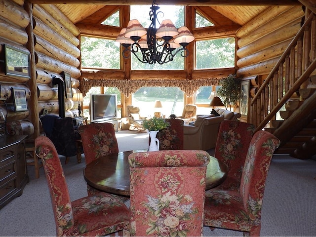 carpeted dining room featuring stairway, high vaulted ceiling, beam ceiling, wooden ceiling, and a chandelier