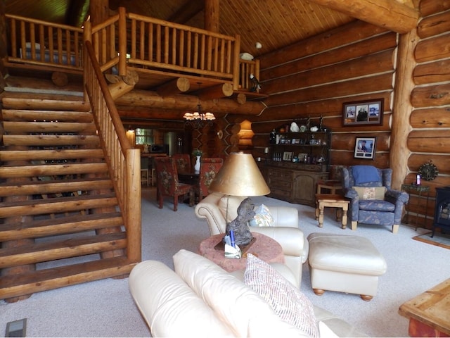 carpeted living area featuring stairway, high vaulted ceiling, an inviting chandelier, a wood stove, and wood ceiling