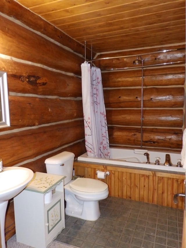 full bathroom featuring toilet, wooden ceiling, and shower / bath combination with curtain