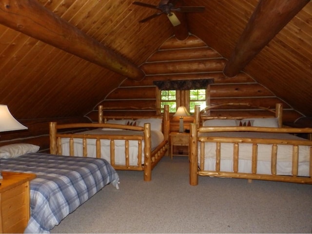 carpeted bedroom featuring lofted ceiling with beams, log walls, and wood ceiling