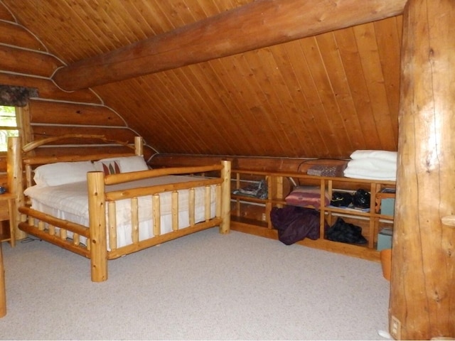 bedroom featuring wooden ceiling, vaulted ceiling with beams, carpet, and log walls