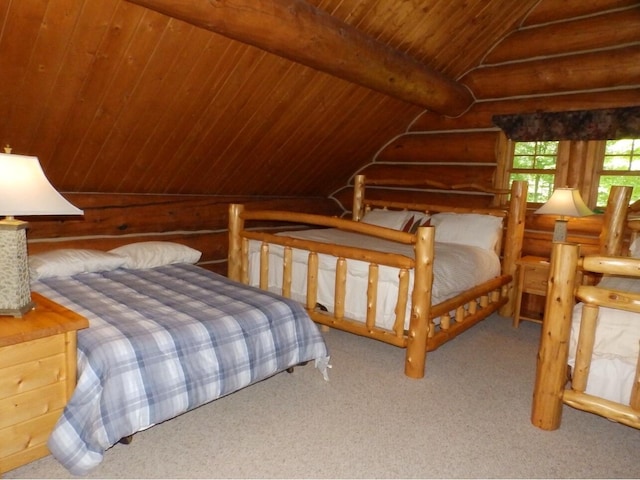 carpeted bedroom with wooden ceiling, lofted ceiling with beams, and rustic walls