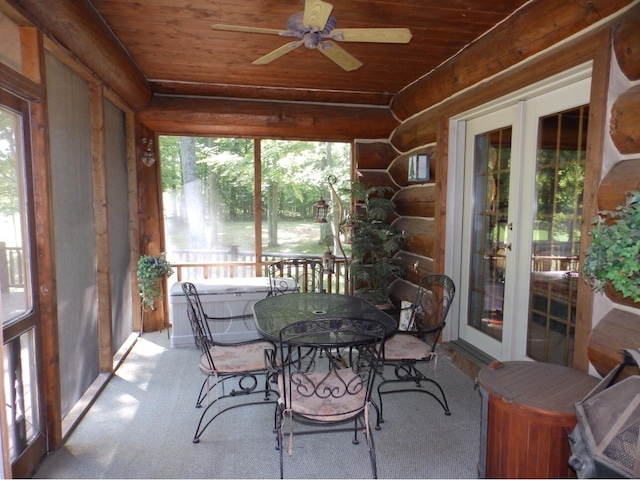 sunroom / solarium featuring a ceiling fan and wood ceiling