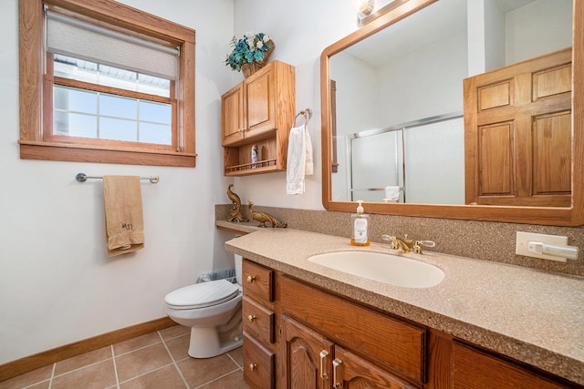 5560 Chestnut Dr, Cheboygan, MI 49721 - full bath featuring a shower stall, baseboards, toilet, vanity, and tile patterned flooring