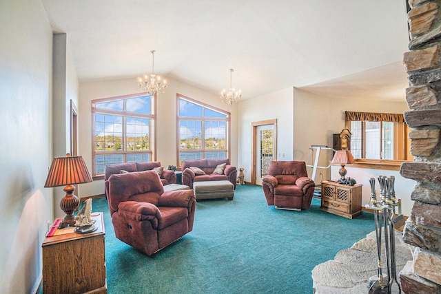 5560 Chestnut Dr, Cheboygan, MI 49721 - carpeted living area featuring a chandelier, plenty of natural light, lofted ceiling, and a water view
