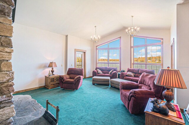 5560 Chestnut Dr, Cheboygan, MI 49721 - living area with a chandelier, carpet flooring, vaulted ceiling, and baseboards