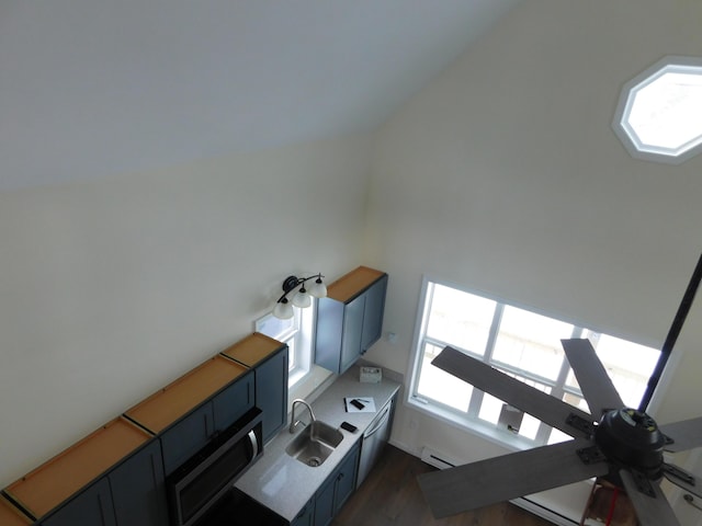 kitchen with a sink, a baseboard radiator, and dark wood-style floors