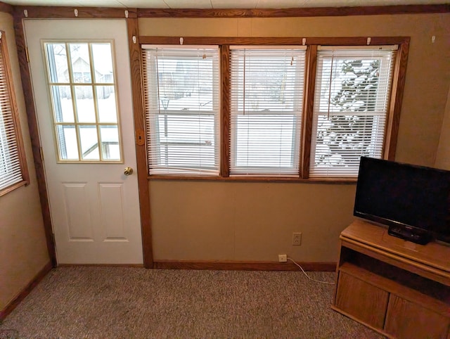 doorway with baseboards and carpet floors