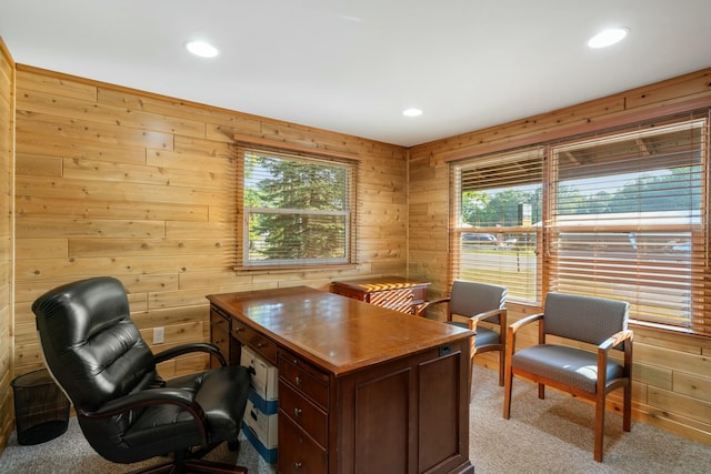 4878 S Straits Hwy, Indian River, MI 49749 - carpeted home office with recessed lighting, a healthy amount of sunlight, and wood walls