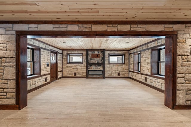 unfurnished living room with wooden ceiling and wood finished floors