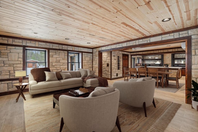 living area with light wood-style flooring and wood ceiling