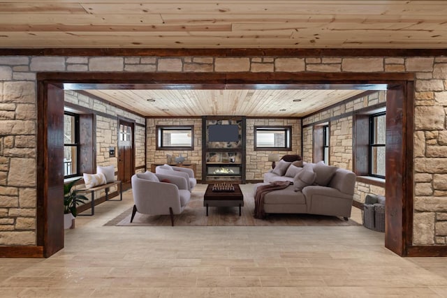 living room with wooden ceiling