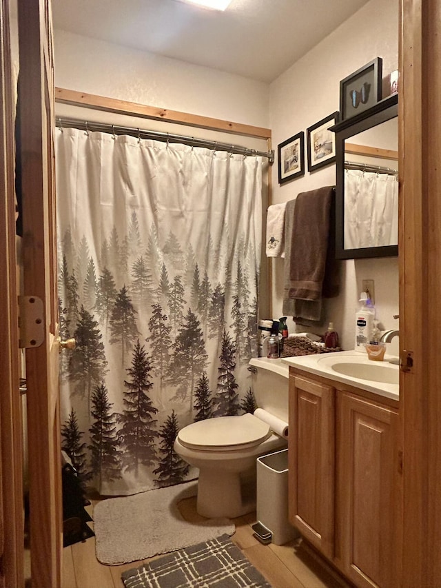 bathroom with a shower with curtain, toilet, and vanity