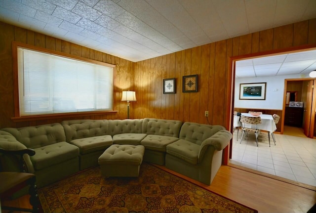 living area featuring wooden walls and light wood-type flooring