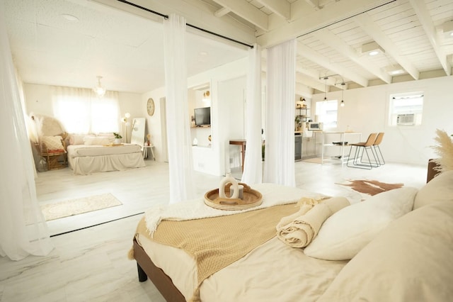bedroom with beamed ceiling, marble finish floor, and wooden ceiling