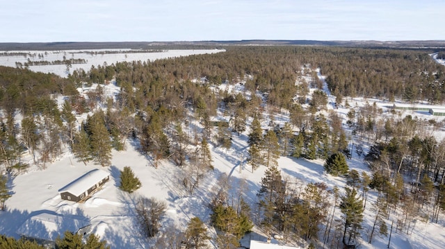 snowy aerial view with a forest view