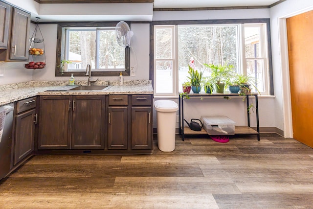 208 Stuckey Ave, Roscommon, MI 48653 - kitchen featuring wood finished floors, a sink, dark brown cabinetry, and a wealth of natural light