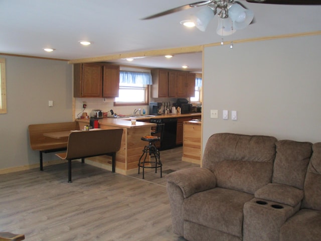 6876 Old Alba Rd, Gaylord, MI 49735 - living area with recessed lighting, baseboards, ceiling fan, and light wood-type flooring