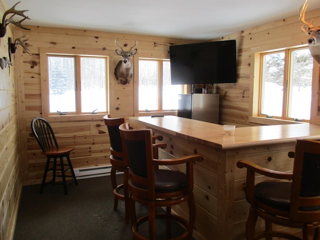 6876 Old Alba Rd, Gaylord, MI 49735 - bar with freestanding refrigerator, wood walls, and a healthy amount of sunlight