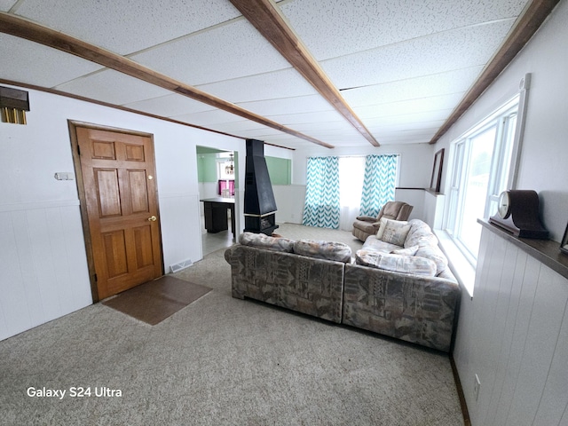 carpeted living area featuring visible vents, a drop ceiling, and a wainscoted wall