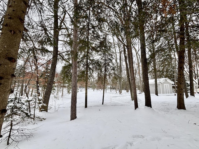 snowy yard featuring an outbuilding and a storage shed